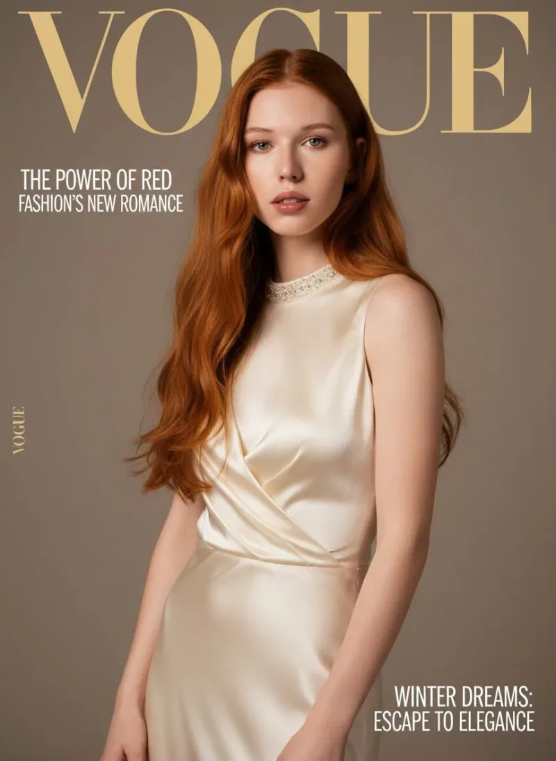 Transformare AI: invitată pe coperta unei reviste de modă, în rochie de satin