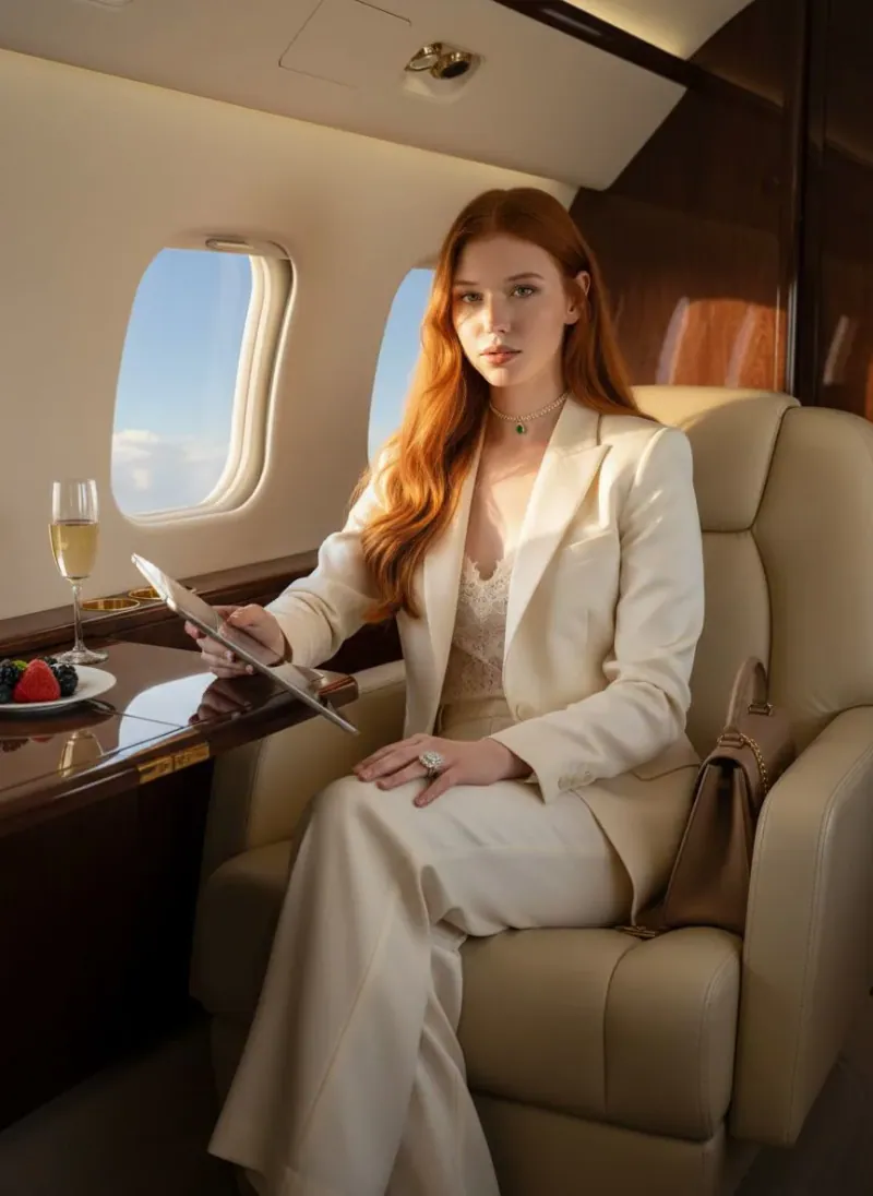 Transformare AI: invitată în costum crem, în cabina unui avion privat
