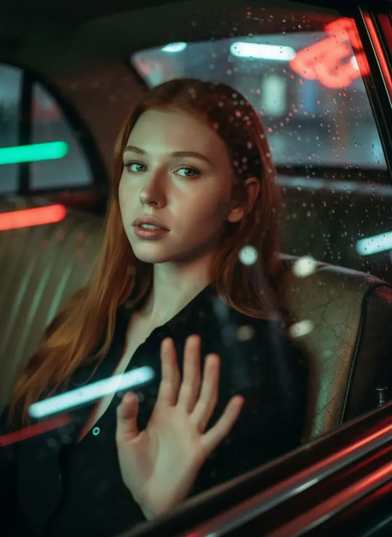 Transformare AI: portret cinematografic pe bancheta unei mașini clasice, sub lumini de neon