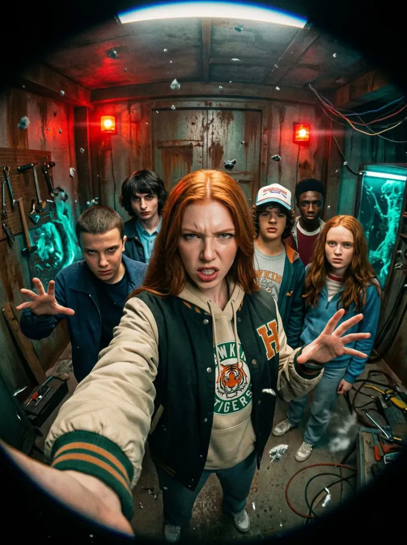 Transformare AI: scenă de grup în stil science-fiction retro, cu lumini roșii și verzi