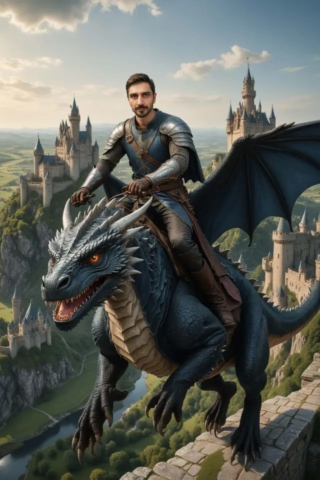 Scenă Face Swap: personaj în armură, călare pe un dragon, deasupra unui castel