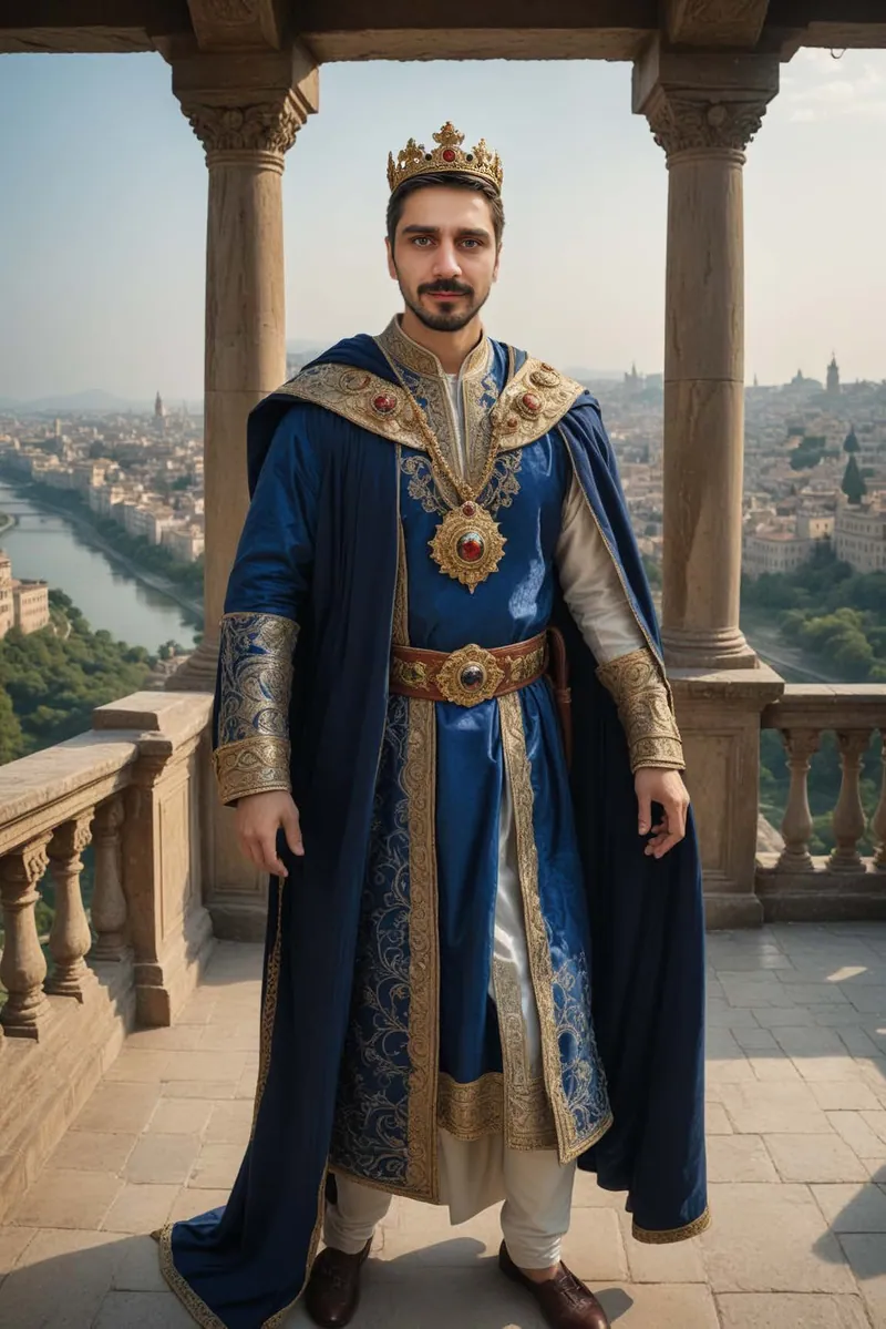 Scenă Face Swap: personaj în mantie regală albastră, pe terasa unui palat medieval