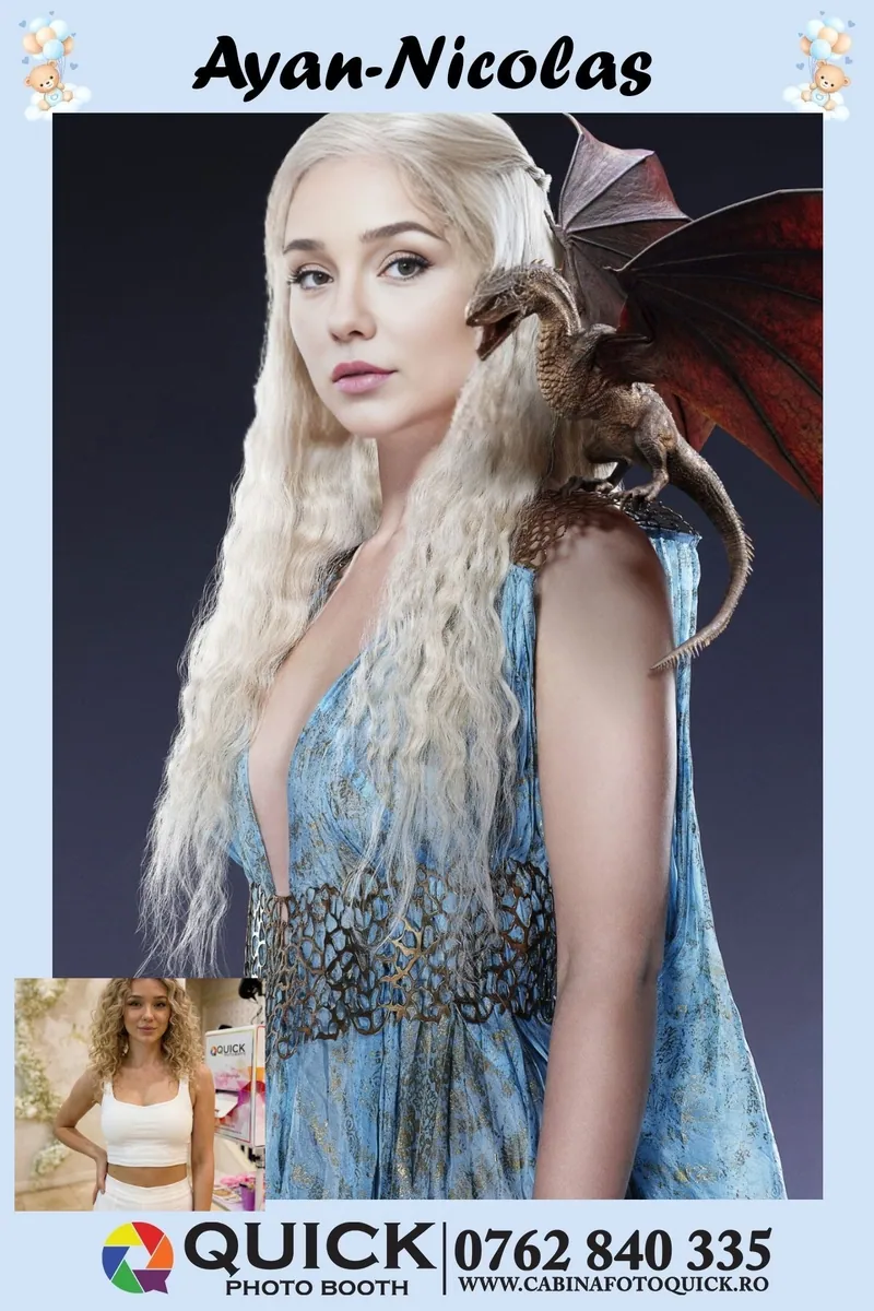 Rezultat Face Swap: aceeași invitată, ca personaj fantastic, cu un pui de dragon pe umăr
