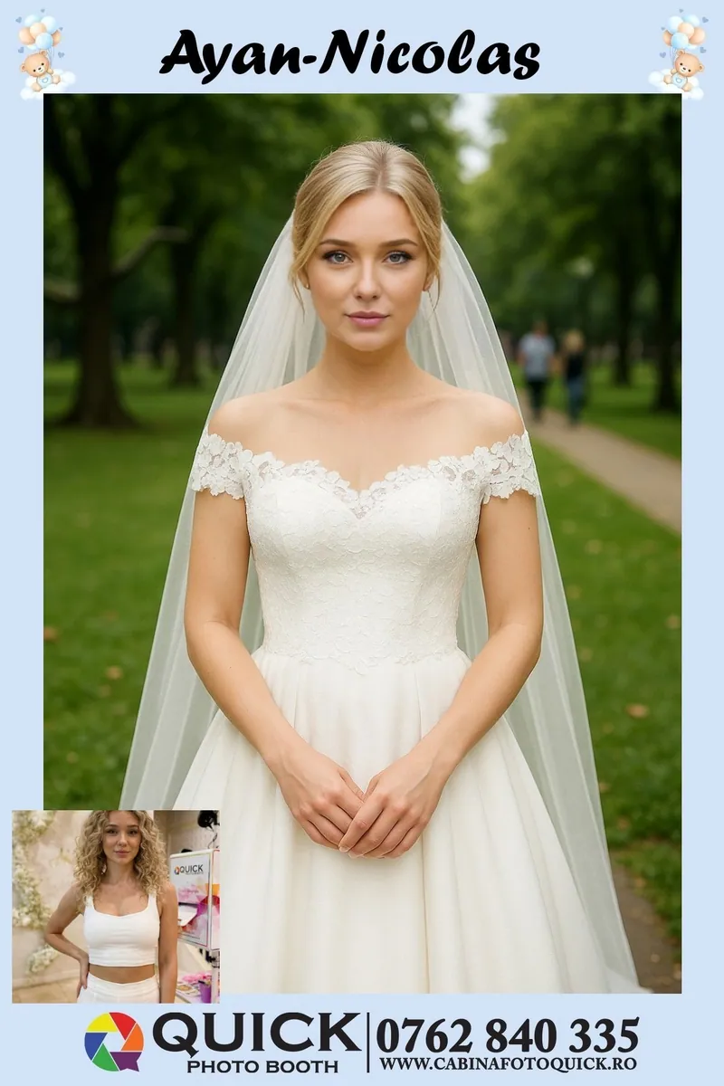 Rezultat Face Swap: aceeași invitată, în rochie de mireasă, într-un parc